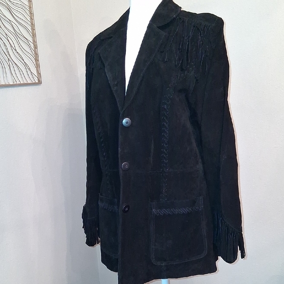 Denim&Co Black Suede Leather Fringe Blazer - Picture 4 of 10